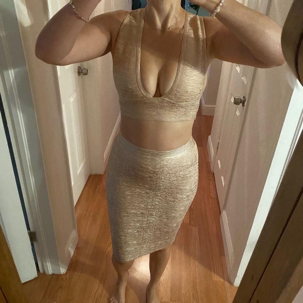 Two Piece Bandage skirt Set with Crop top in Rose Gold
